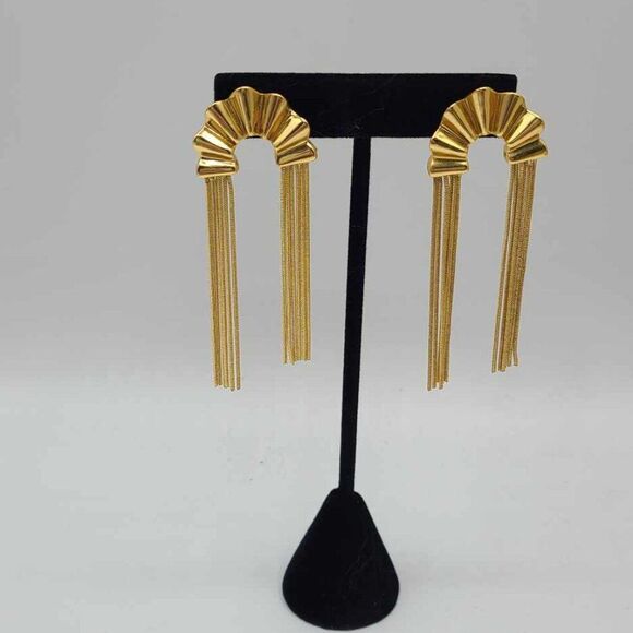 J Crew 3" Sculpted Gold Tone Fan Fringe Earrings NWOT! - Picture 3 of 8
